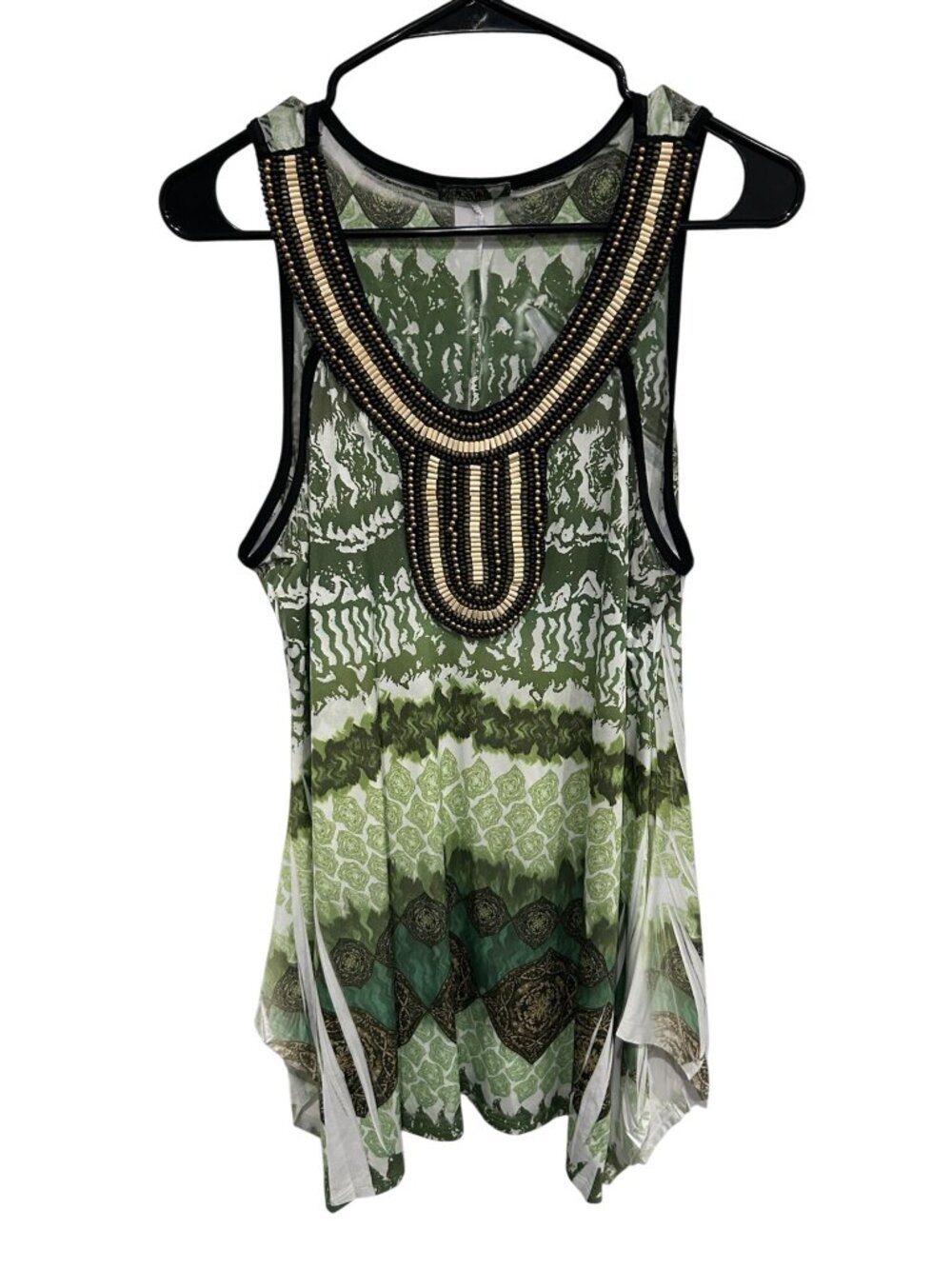 Lafiance Womens Green Lightweight Sleeveless Tribal Print Tank Top Beaded Boho